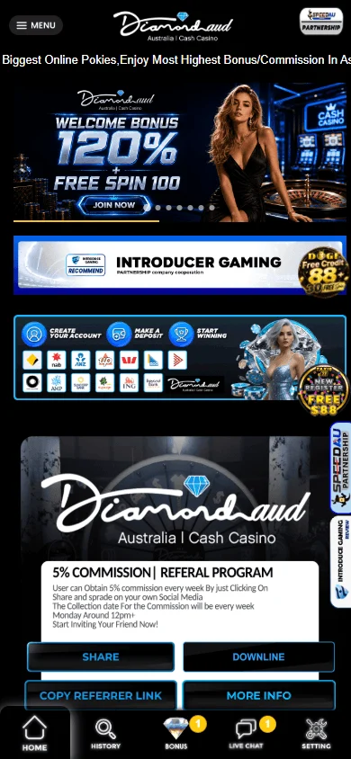 Diamond Aud Casino mobile-optimised home screen for smartphone and tablet play