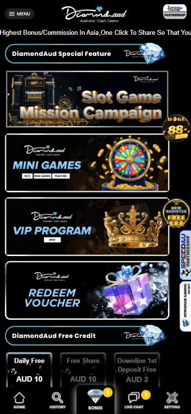 Diamond Aud Casino mobile promotions area with the no deposit bonus and VIP rewards
