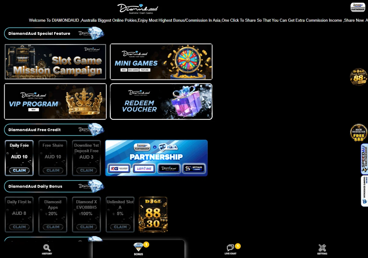 Diamond Aud Casino desktop promotions area with the €50 no deposit offer and loyalty rewards