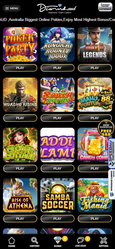 Diamond Aud Casino mobile games area with casino titles from 84 providers