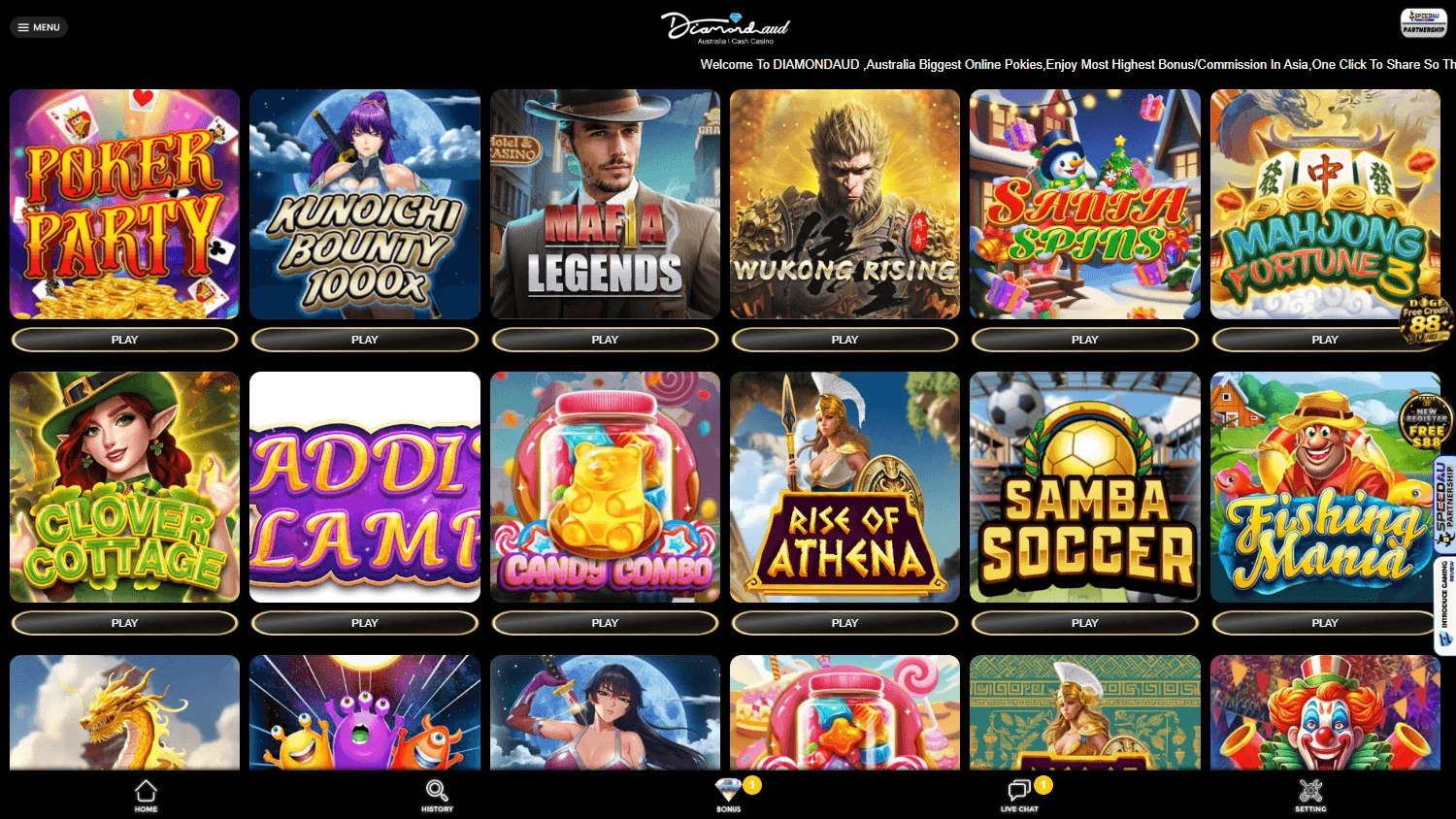 Diamond Aud Casino desktop games area with slots, table games and titles from multiple providers